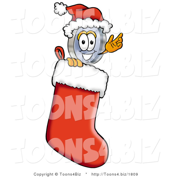 Illustration of a Cartoon Magnifying Glass Mascot Wearing a Santa Hat Inside a Red Christmas Stocking