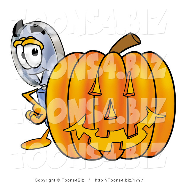Illustration of a Cartoon Magnifying Glass Mascot with a Carved Halloween Pumpkin