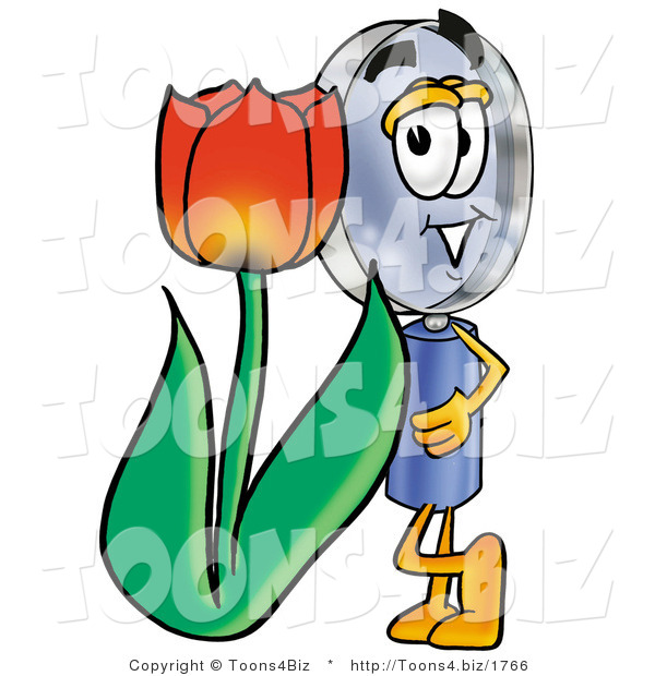 Illustration of a Cartoon Magnifying Glass Mascot with a Red Tulip Flower in the Spring