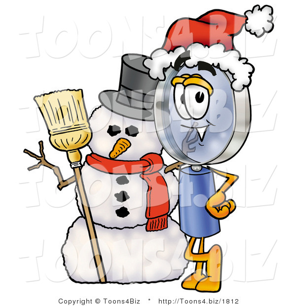 Illustration of a Cartoon Magnifying Glass Mascot with a Snowman on Christmas
