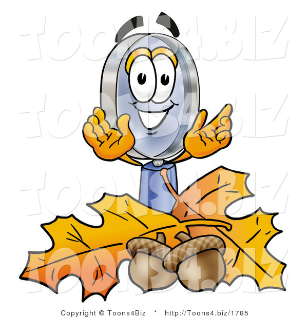 Illustration of a Cartoon Magnifying Glass Mascot with Autumn Leaves and Acorns in the Fall