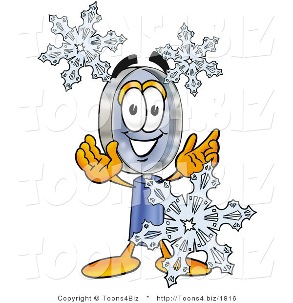 Illustration of a Cartoon Magnifying Glass Mascot with Three Snowflakes in Winter
