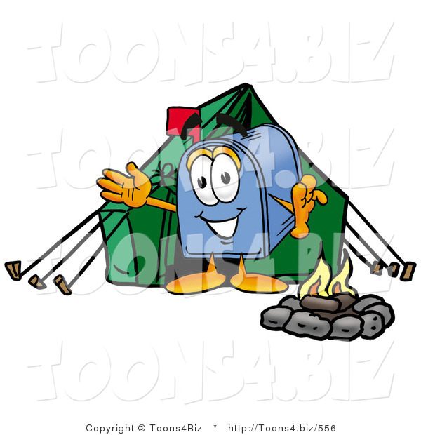 Illustration of a Cartoon Mailbox Camping with a Tent and Fire