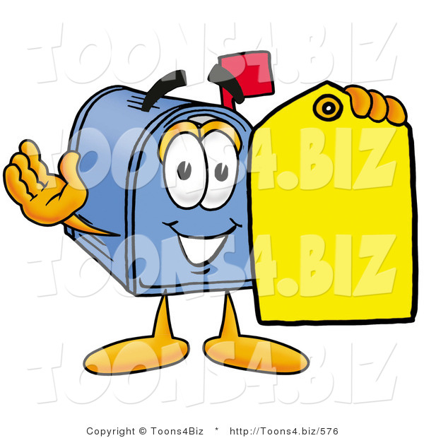 Illustration of a Cartoon Mailbox Holding a Yellow Sales Price Tag