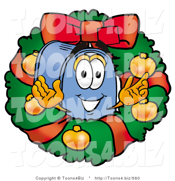 Illustration of a Cartoon Mailbox in the Center of a Christmas Wreath