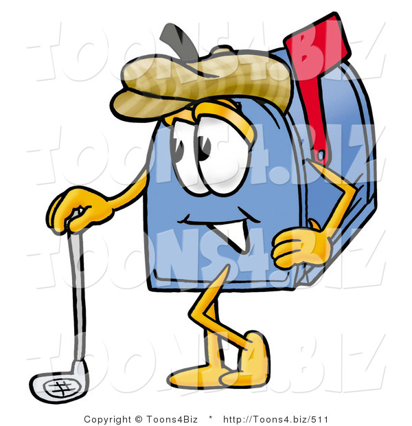 Illustration of a Cartoon Mailbox Leaning on a Golf Club While Golfing