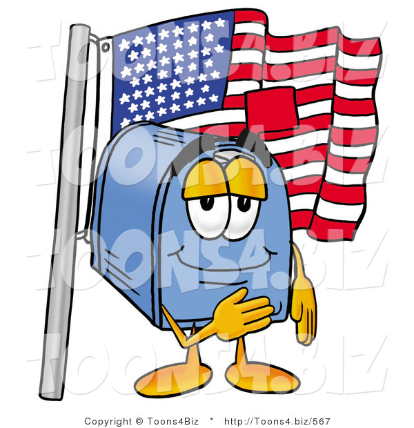Illustration of a Cartoon Mailbox Pledging Allegiance to an American Flag