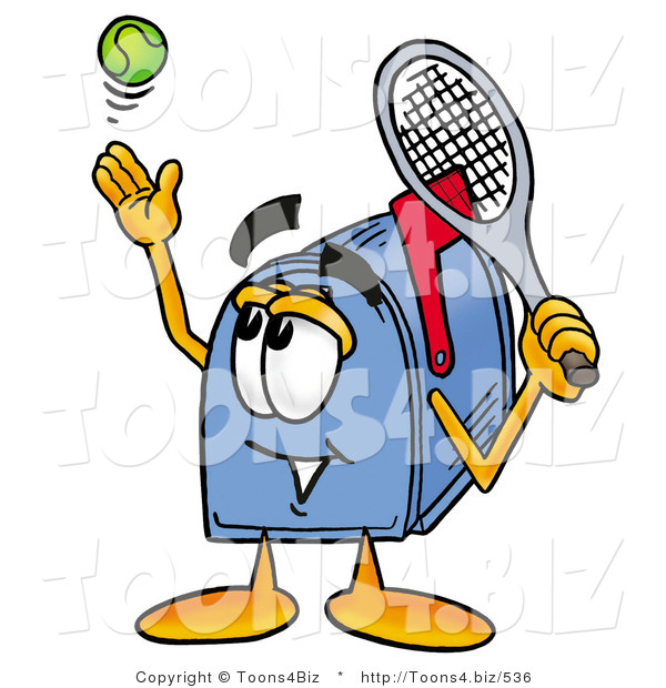 Illustration of a Cartoon Mailbox Preparing to Hit a Tennis Ball