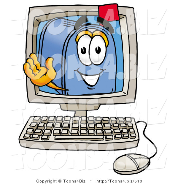 Illustration of a Cartoon Mailbox Waving from Inside a Computer Screen