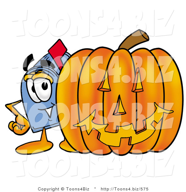 Illustration of a Cartoon Mailbox with a Carved Halloween Pumpkin