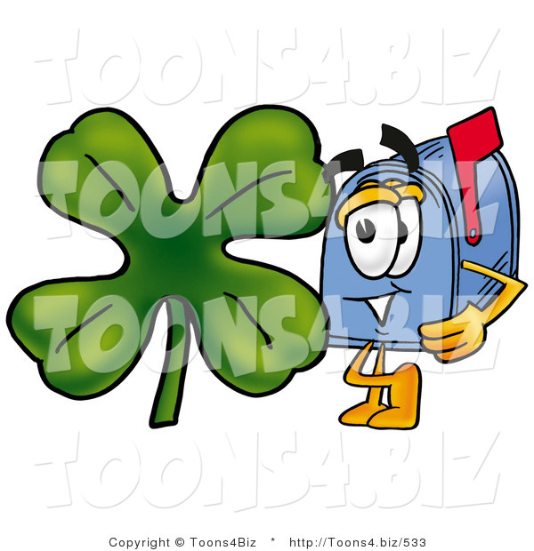Illustration of a Cartoon Mailbox with a Green Four Leaf Clover on St Paddy's or St Patricks Day