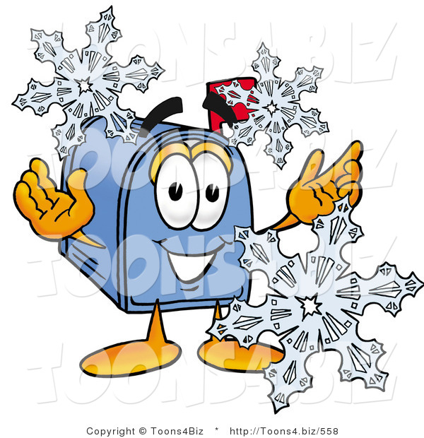 Illustration of a Cartoon Mailbox with Three Snowflakes in Winter