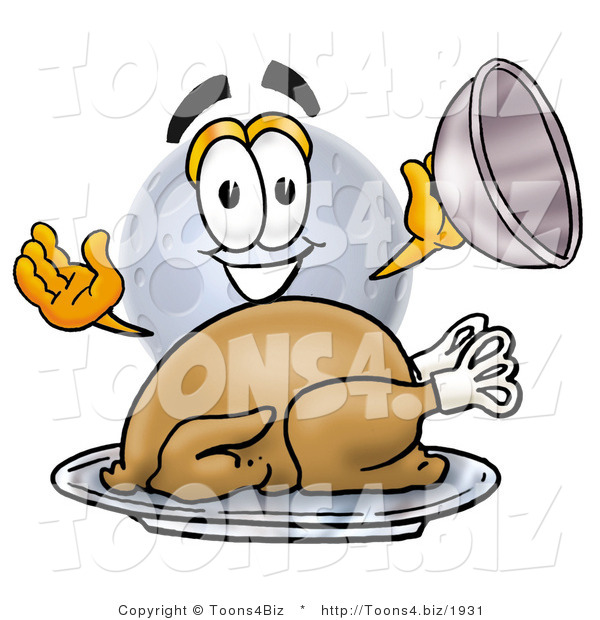 Illustration of a Cartoon Moon Mascot Serving a Thanksgiving Turkey on a Platter