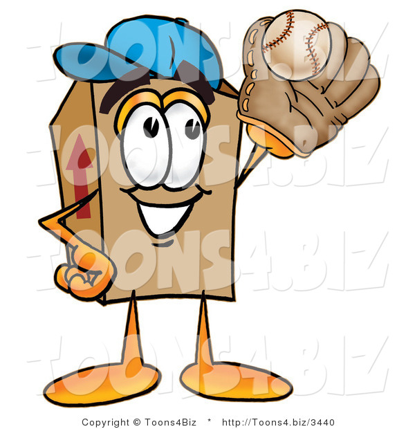Illustration of a Cartoon Packing Box Mascot Catching a Baseball with a Glove