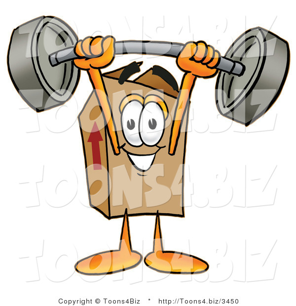 Illustration of a Cartoon Packing Box Mascot Holding a Heavy Barbell Above His Head