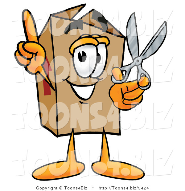 Illustration of a Cartoon Packing Box Mascot Holding a Pair of Scissors