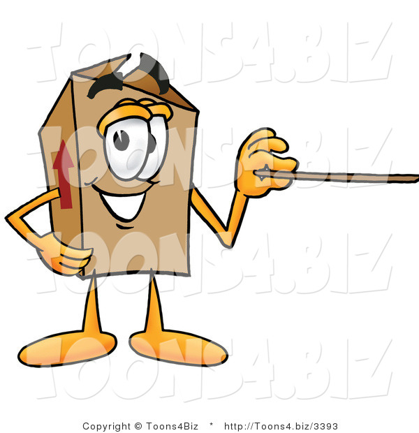 Illustration of a Cartoon Packing Box Mascot Holding a Pointer Stick
