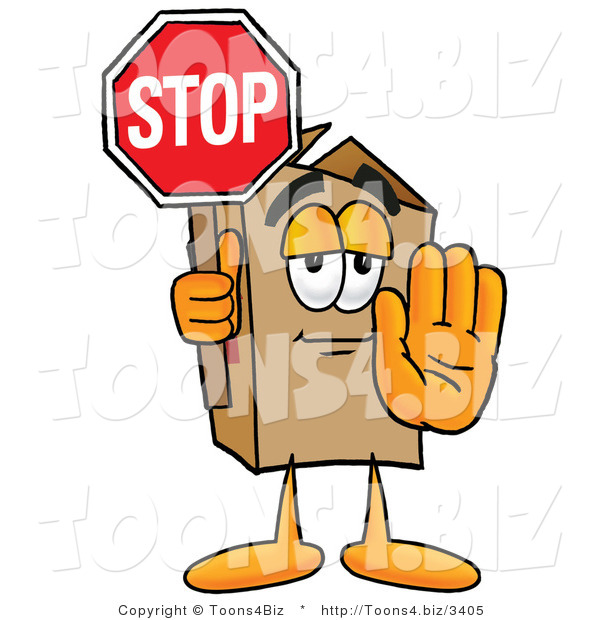 Illustration of a Cartoon Packing Box Mascot Holding a Stop Sign