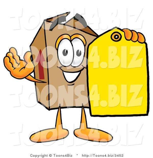 Illustration of a Cartoon Packing Box Mascot Holding a Yellow Sales Price Tag