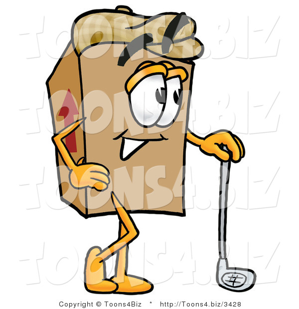 Illustration of a Cartoon Packing Box Mascot Leaning on a Golf Club While Golfing