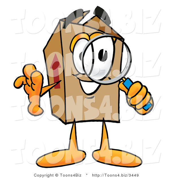 Illustration of a Cartoon Packing Box Mascot Looking Through a Magnifying Glass