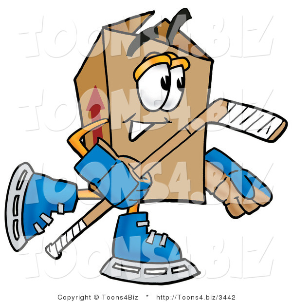 Illustration of a Cartoon Packing Box Mascot Playing Ice Hockey