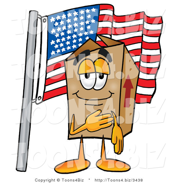 Illustration of a Cartoon Packing Box Mascot Pledging Allegiance to an American Flag