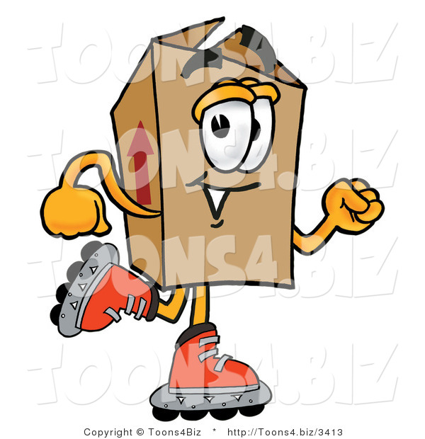 Illustration of a Cartoon Packing Box Mascot Roller Blading on Inline Skates