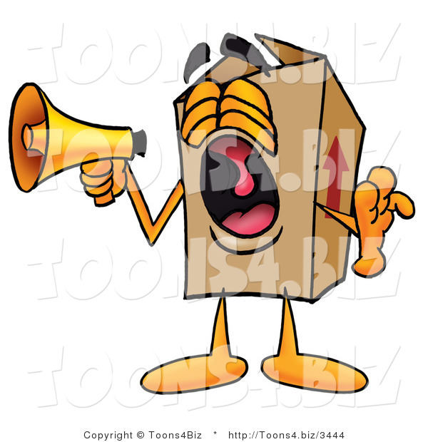 Illustration of a Cartoon Packing Box Mascot Screaming into a Megaphone
