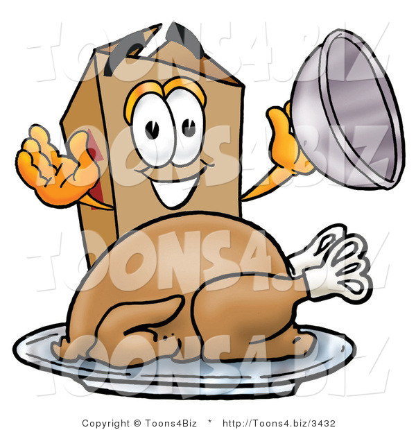 Illustration of a Cartoon Packing Box Mascot Serving a Thanksgiving Turkey on a Platter