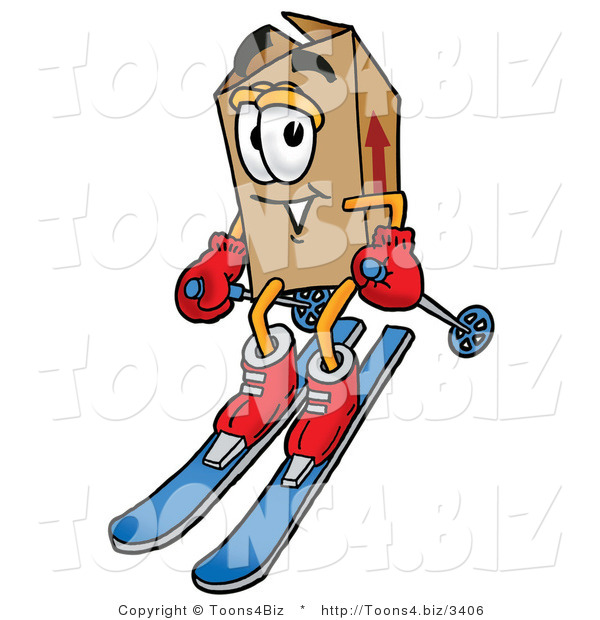 Illustration of a Cartoon Packing Box Mascot Skiing Downhill