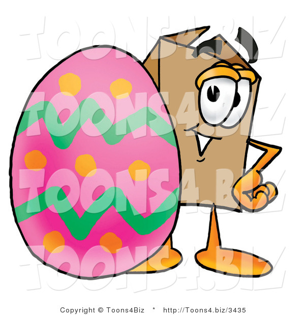 Illustration of a Cartoon Packing Box Mascot Standing Beside an Easter Egg