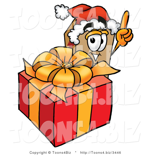 Illustration of a Cartoon Packing Box Mascot Standing by a Christmas Present