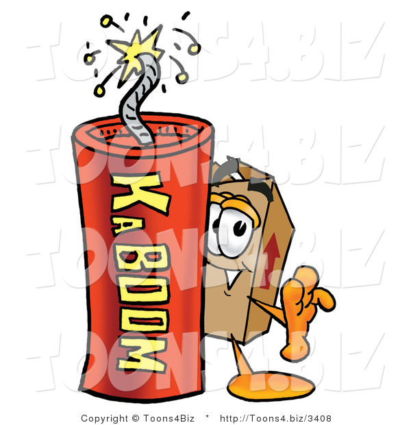 Illustration of a Cartoon Packing Box Mascot Standing with a Lit Stick of Dynamite