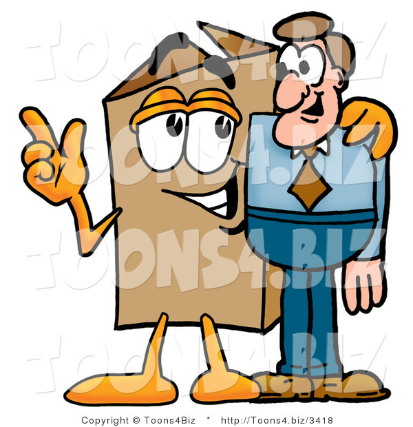 Illustration of a Cartoon Packing Box Mascot Talking to a Business Man