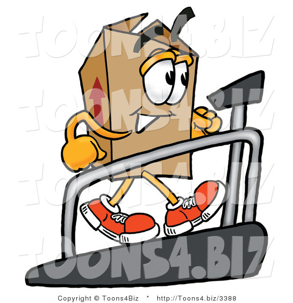 Illustration of a Cartoon Packing Box Mascot Walking on a Treadmill in a Fitness Gym