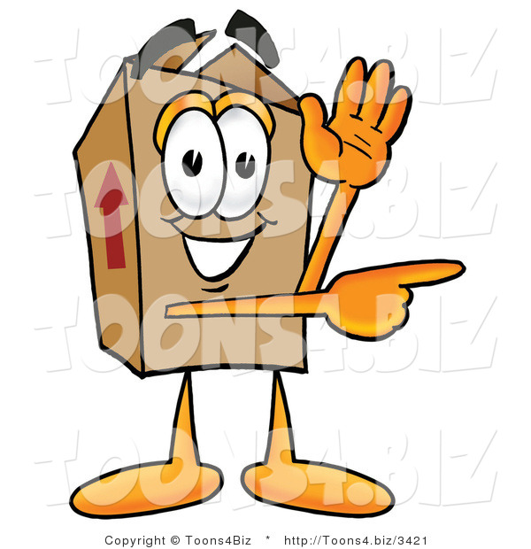 Illustration of a Cartoon Packing Box Mascot Waving and Pointing