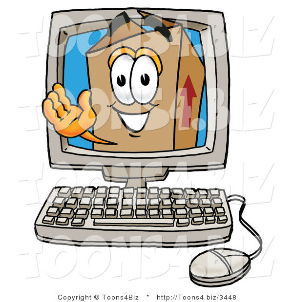 Illustration of a Cartoon Packing Box Mascot Waving from Inside a Computer Screen