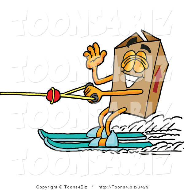 Illustration of a Cartoon Packing Box Mascot Waving While Water Skiing