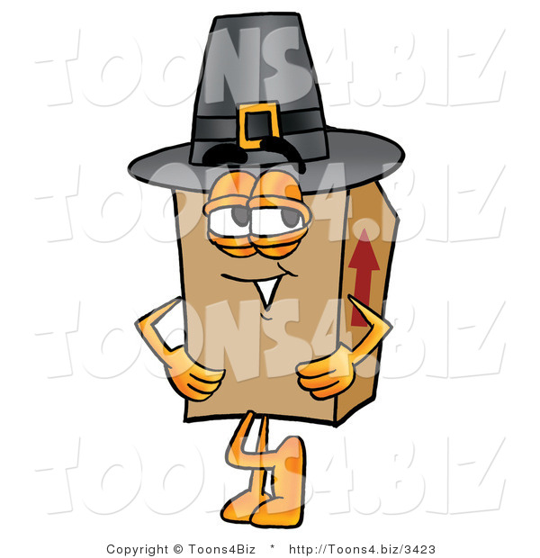 Illustration of a Cartoon Packing Box Mascot Wearing a Pilgrim Hat on Thanksgiving