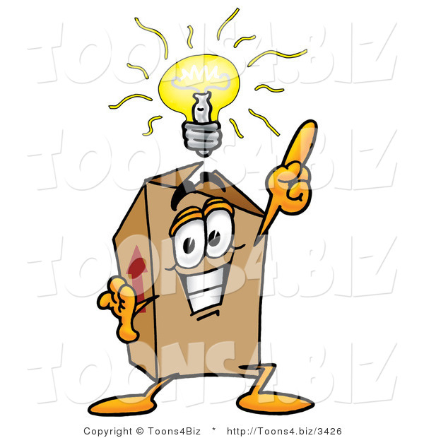 Illustration of a Cartoon Packing Box Mascot with a Bright Idea