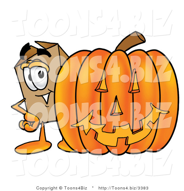 Illustration of a Cartoon Packing Box Mascot with a Carved Halloween Pumpkin