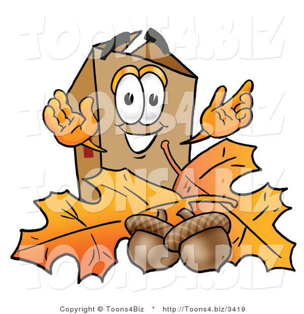 Illustration of a Cartoon Packing Box Mascot with Autumn Leaves and Acorns in the Fall