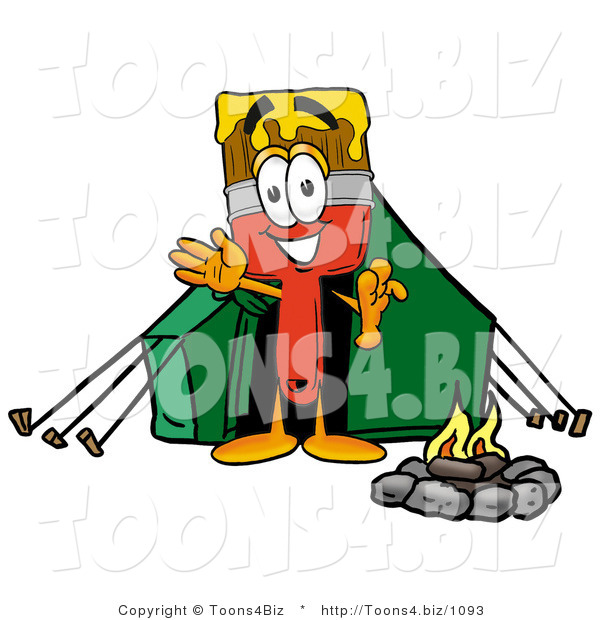 Illustration of a Cartoon Paint Brush Mascot Camping with a Tent and Fire