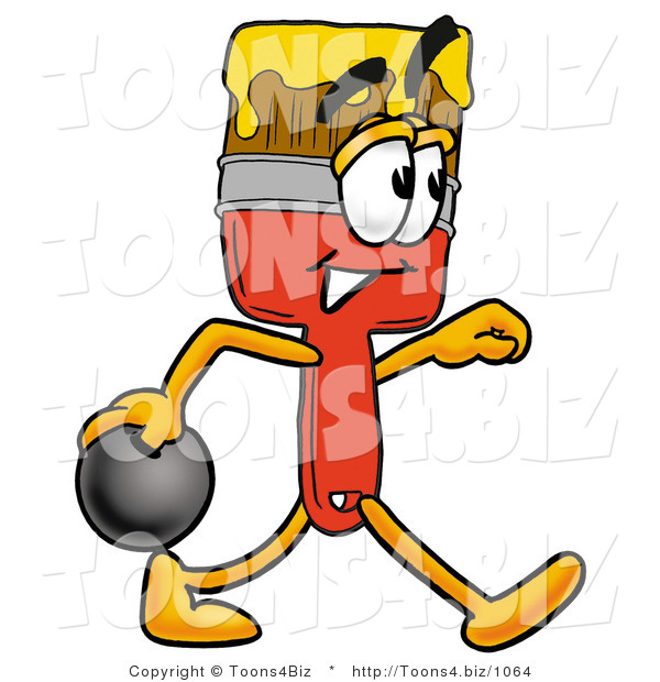 Illustration of a Cartoon Paint Brush Mascot Holding a Bowling Ball