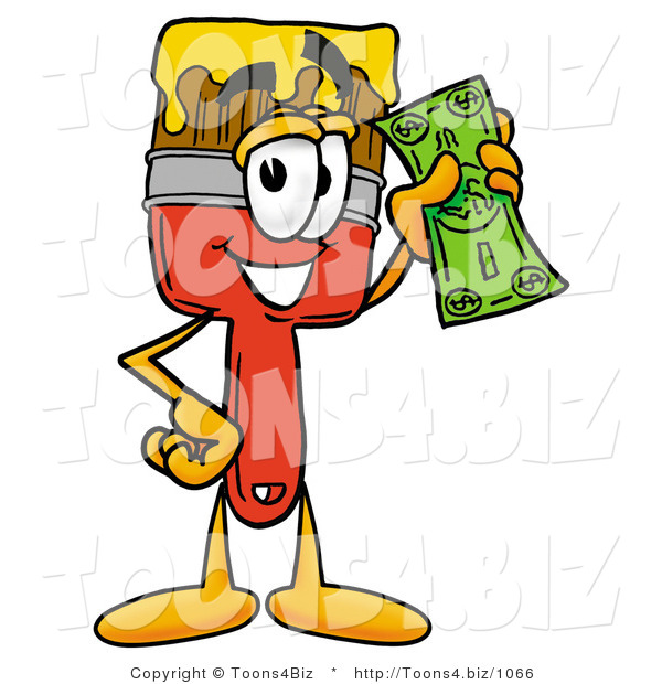 Illustration of a Cartoon Paint Brush Mascot Holding a Dollar Bill