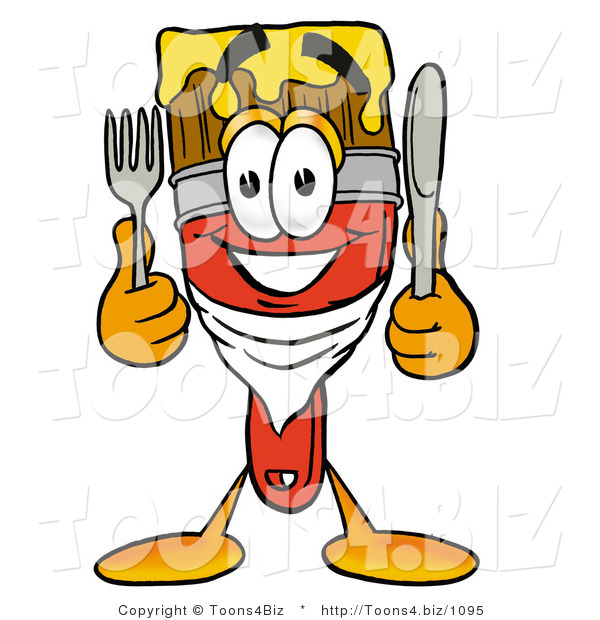 Illustration of a Cartoon Paint Brush Mascot Holding a Knife and Fork