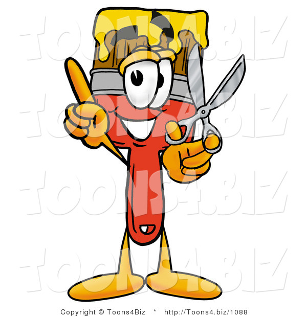 Illustration of a Cartoon Paint Brush Mascot Holding a Pair of Scissors