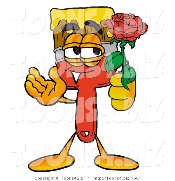 Illustration of a Cartoon Paint Brush Mascot Holding a Red Rose on Valentines Day