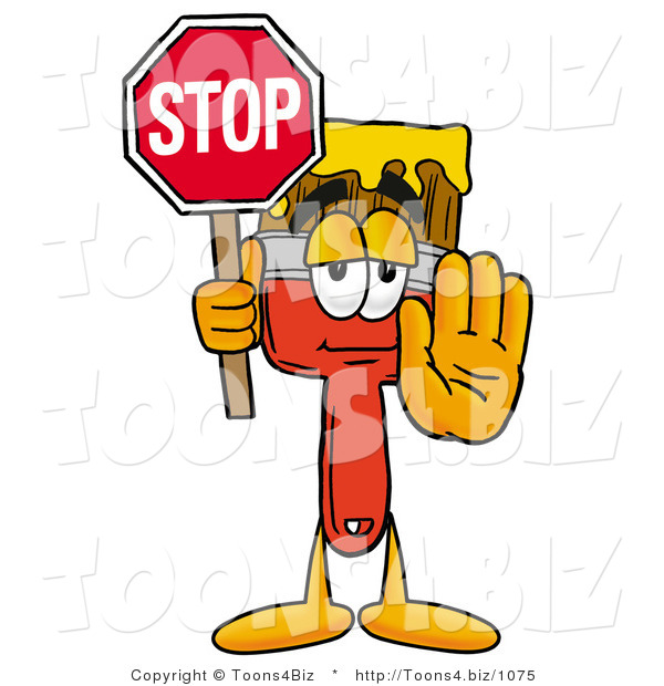 Illustration of a Cartoon Paint Brush Mascot Holding a Stop Sign